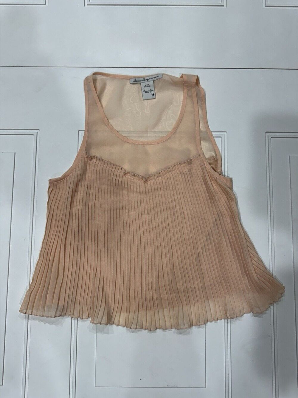 American Rag CIE Womens Sz M Peach Pleated Sheer Shirt Tank Top